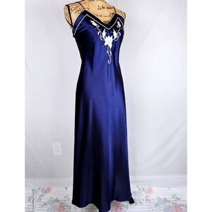 Gorgeous Etienne Satin Nightgown Navy Blue Embroidery Spaghetti Strap Size Small